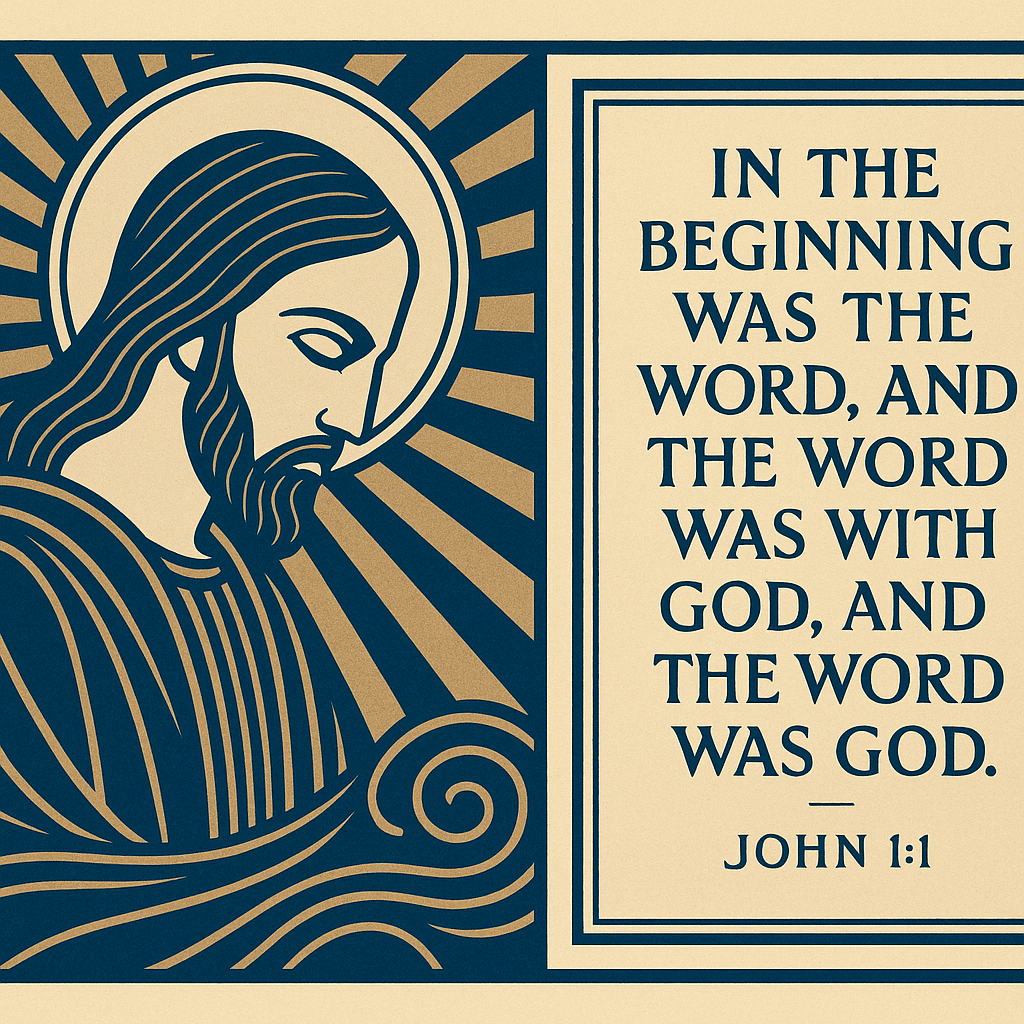 Art-deco-stijl illustratie van Johannes 1:1, met geometrische gouden lijnen op een diepblauwe achtergrond en de tekst: “In het begin was het Woord, en het Woord was bij God, en het Woord was God.