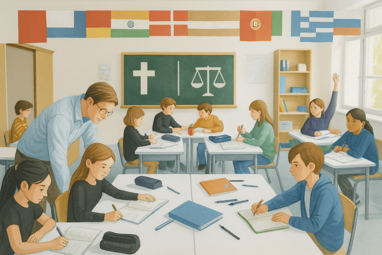 klas met leerlingen en leraar, kruis en weegschaal op schoolbord, symbool voor spanning tussen geloof en democratische waarden