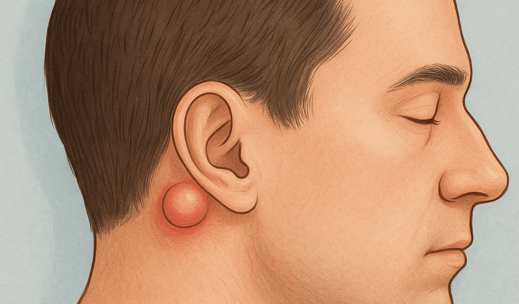 medische illustratie van een man met een rood bultje achter het oor, ter hoogte van het mastoïdbot, tegen een lichte achtergrond