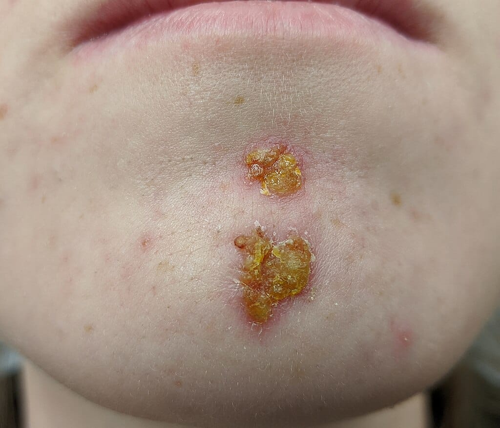 Close-up van de kin van een persoon met twee kleine geelbruine korstjes door krentenbaard (impetigo), omgeven door lichte roodheid van de huid.