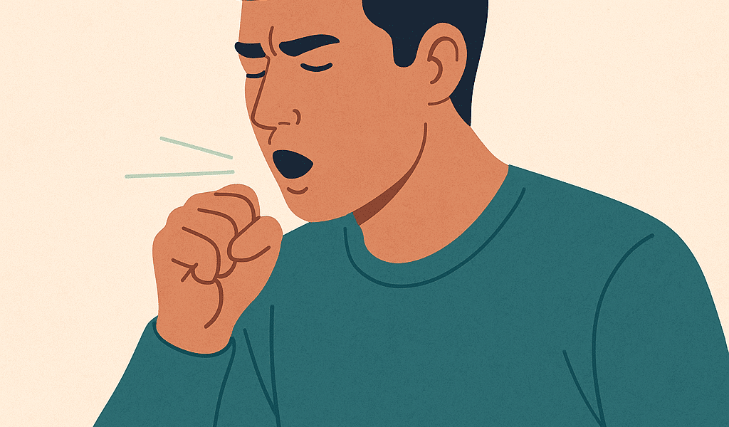 medische illustratie van een man die hoest met zichtbaar ademhalingsstelsel, longen en luchtpijp, lichte achtergrond en zachte kleuren.