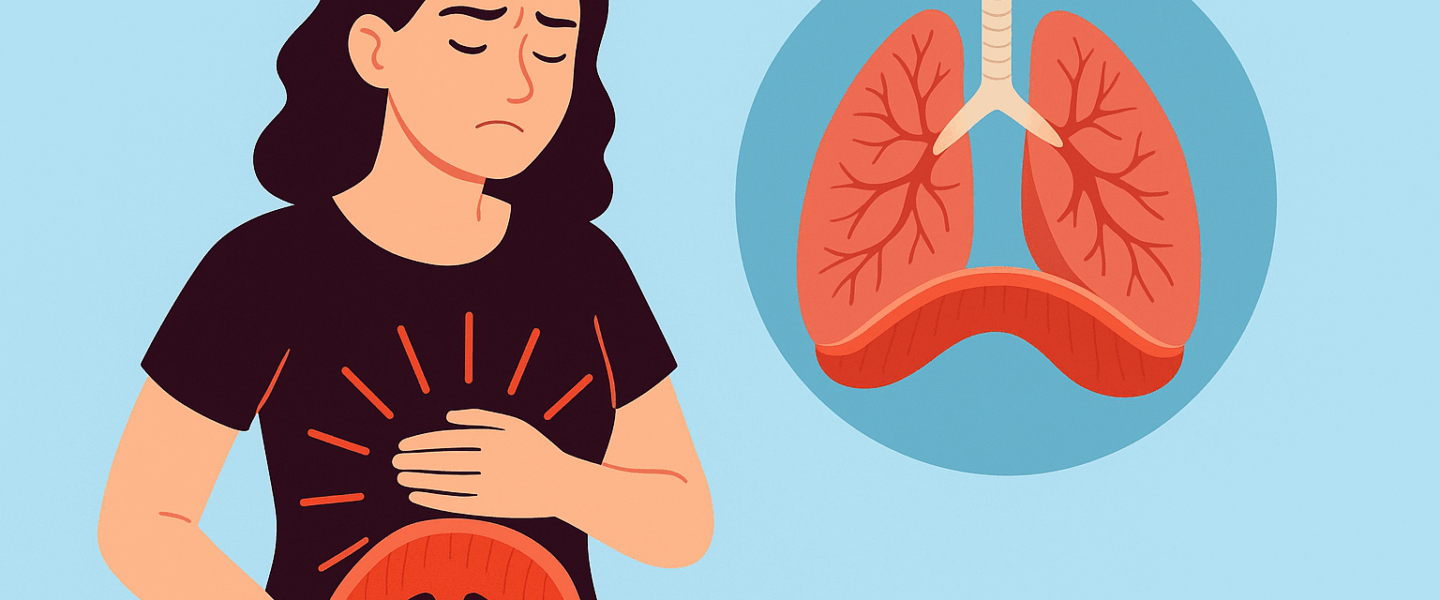 Illustratie van een vrouw met pijn aan het middenrif, met daarnaast een anatomische weergave van longen en het diafragma in rood, op een lichtblauwe achtergrond
