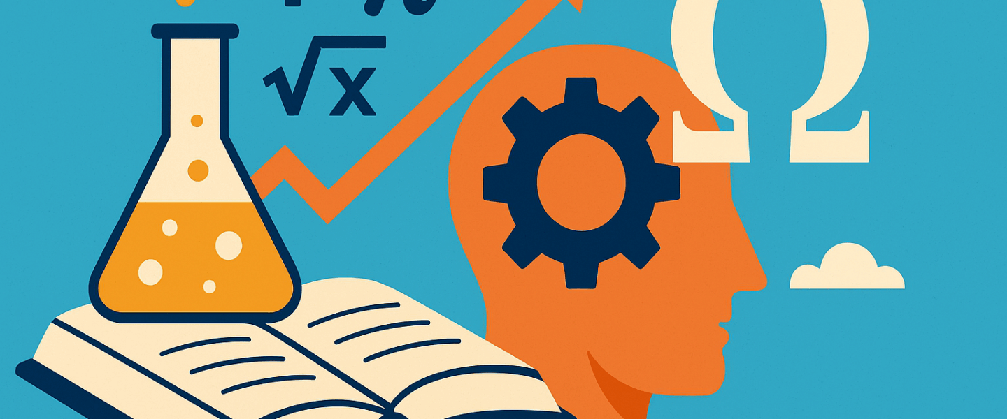 Frisse illustratie van een open boek met erlenmeyer, wiskundetekens en profiel met tandwiel; verbeelding van de brug tussen wetenschap, redeneren en theologie.