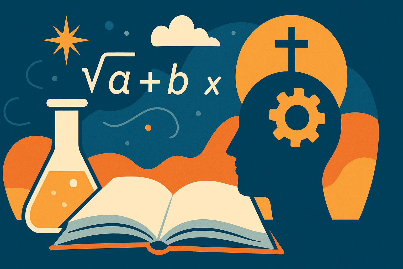 Stijlvolle illustratie met open boek, erlenmeyer, wiskundetekens en silhouet met tandwiel en aureool; symboliseert de ontmoeting van wetenschap, redeneren en theologie.
