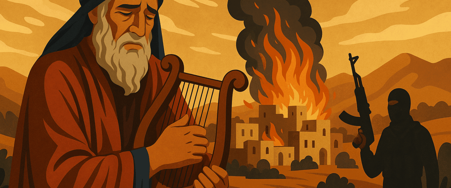 Illustratie van een treurende oude man met harp voor een brandende stad, terwijl op de achtergrond een gewapende en gemaskerde figuur staat; beeld van rouw, geweld en gebed.