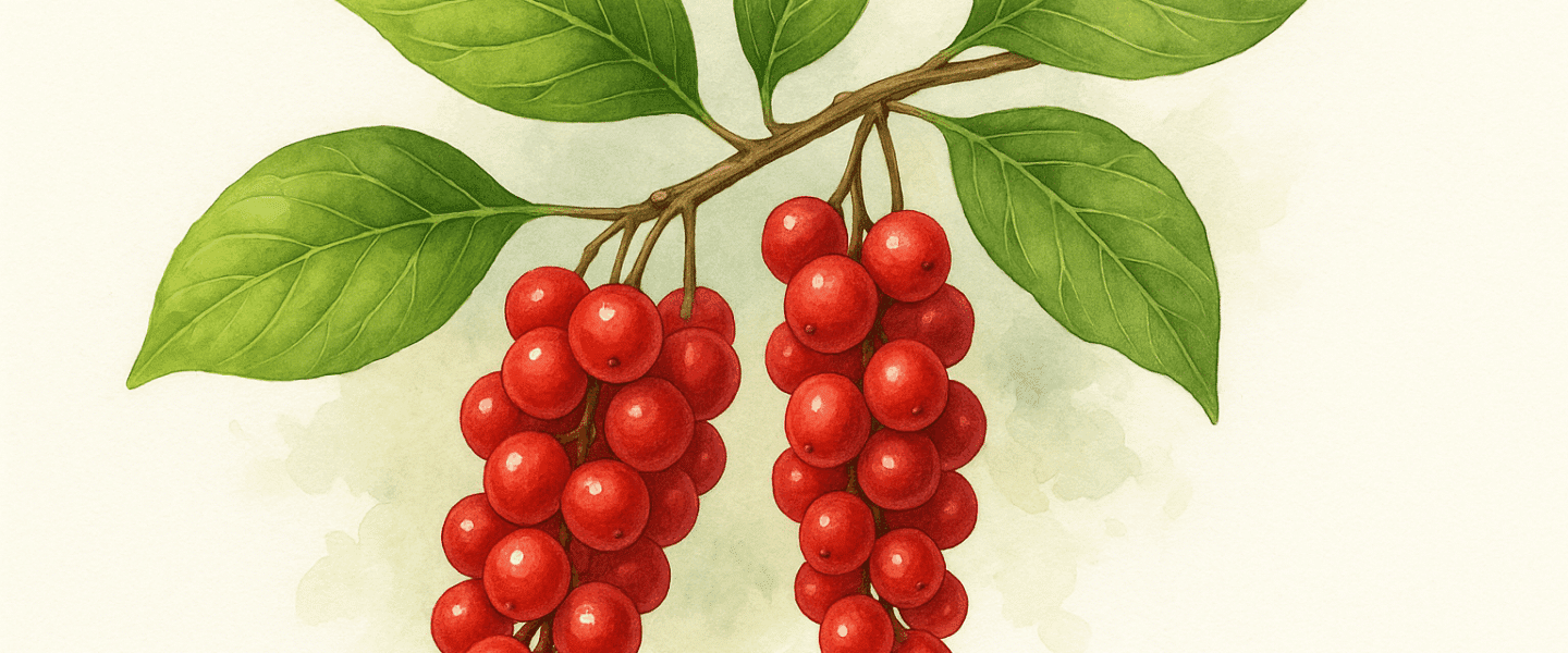 Illustratie van Schisandra chinensis met trossen glanzend rode bessen tussen groene bladeren in zacht daglicht.