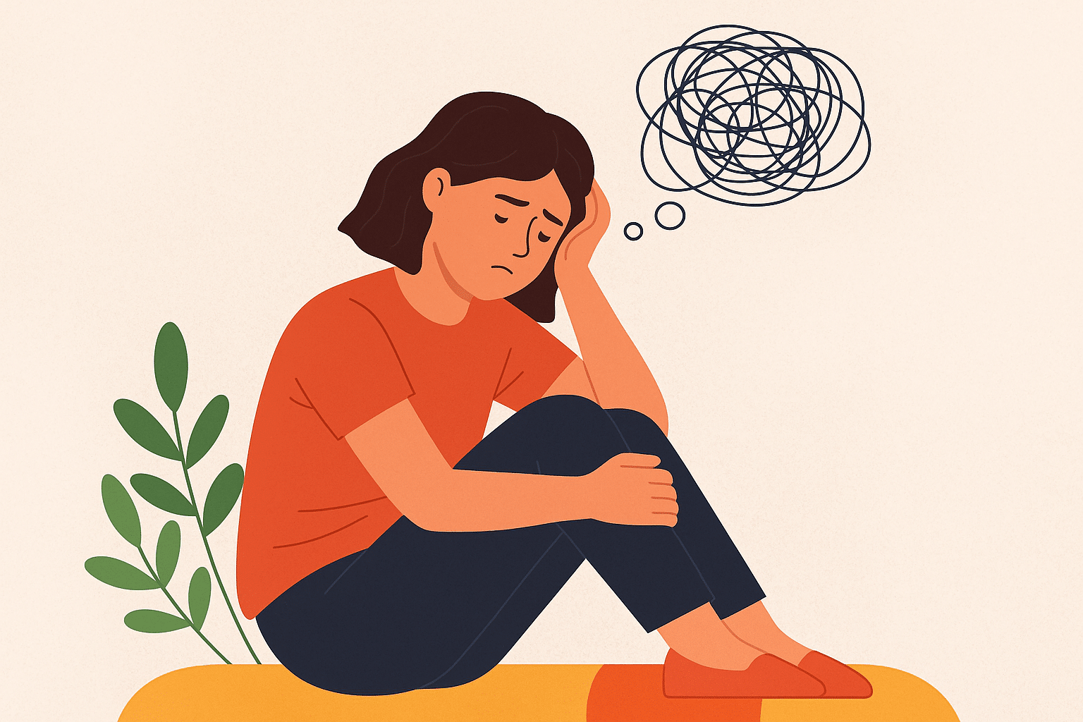 illustratie van een jonge vrouw die bezorgd nadenkt, zittend met haar hoofd in haar hand en een krioelende gedachtenwolk boven haar, symbool voor piekeren en mentale onrust
