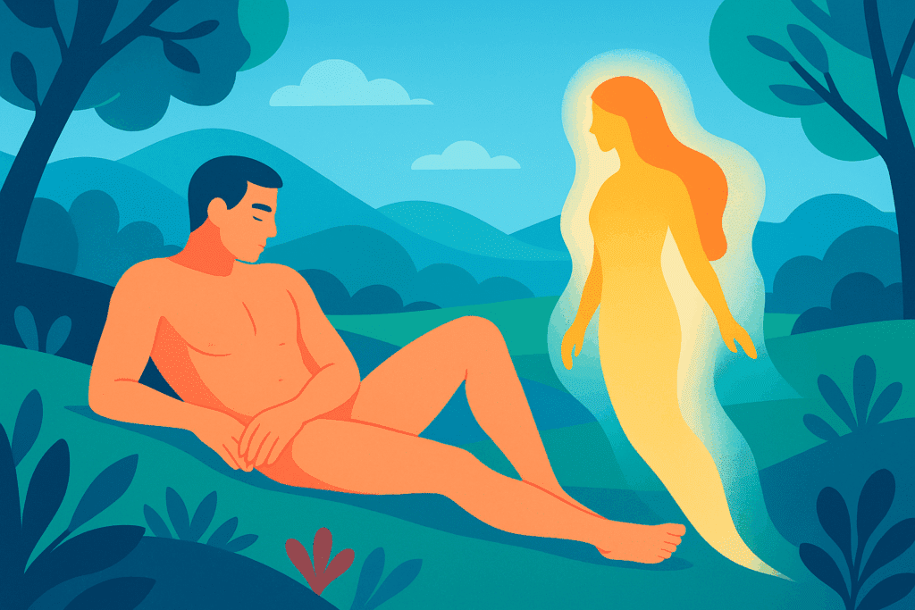 Moderne, frisse illustratie van Genesis 2: Adam rust in de tuin van Eden terwijl Eva als lichtvorm uit zijn zijde oprijst; symbool van gelijkwaardige oorsprong.