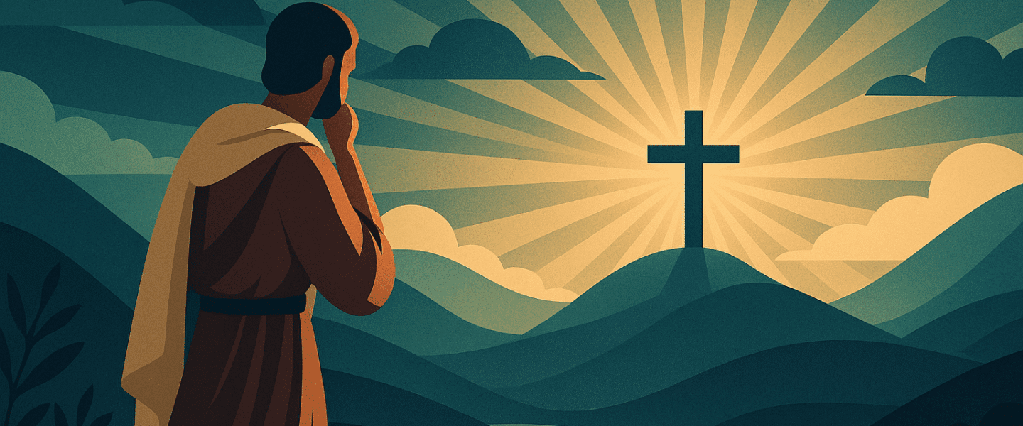 Art-deco illustratie van een man die uitkijkt naar een stralend kruis boven een heuvel, symbool voor schepping, orde en goddelijke betekenis.
