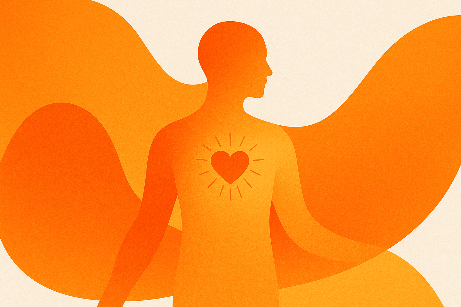 abstracte moderne illustratie van een mens als één levend, bezield lichaam, met vloeiende oranje lijnen en een licht hartmotief als symbool van samenhang tussen lichaam en geest