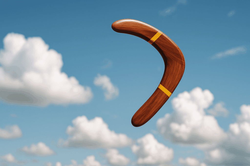 Fotorealistische afbeelding van een houten boemerang die door de lucht terugkeert onder een blauwe hemel met witte wolken; symbool voor een argument dat terugkeert naar zijn oorsprong.