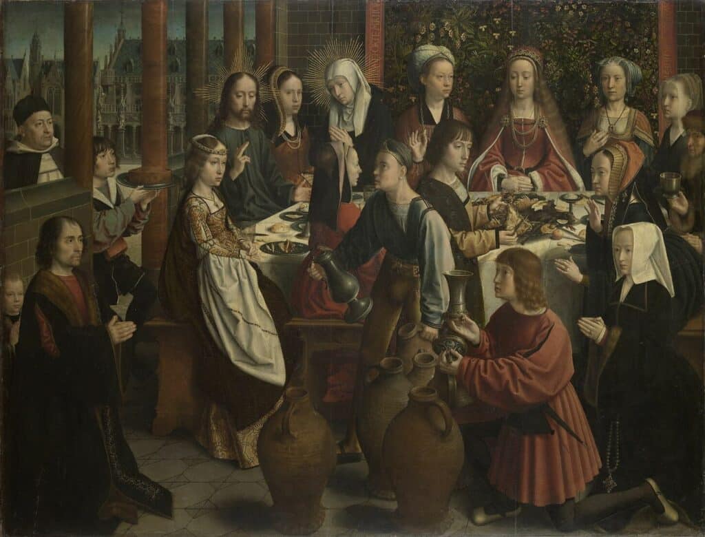 Schilderij van de bruiloft te Kana, waar Jezus water in wijn verandert; Maria, de leerlingen en dienaren rond de tafel, 15e-eeuwse Vlaamse stijl met rijke details.