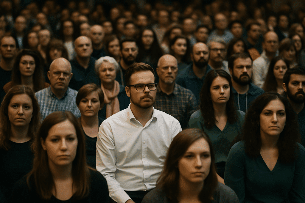Grote, geconcentreerde menigte van diverse mensen die stil en aandachtig voor zich uitkijken, in een zaal met zachte belichting.