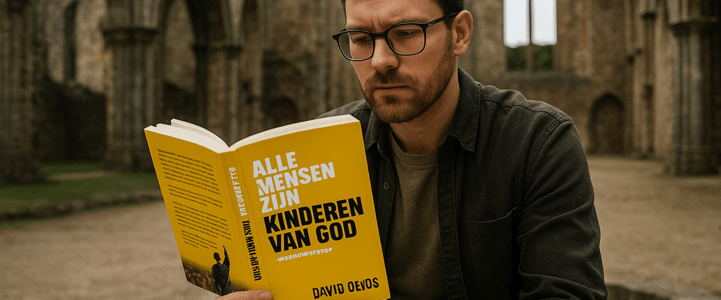 Man leest het boek Alle mensen zijn kinderen van God van David de Vos in een vervallen kerk.