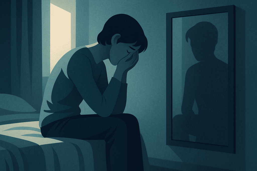 Een jongere zit met het hoofd in de handen op bed; in de spiegel verschijnt een vage, donkere schaduw van zichzelf — symbool voor innerlijke depressie en verwarring over identiteit.