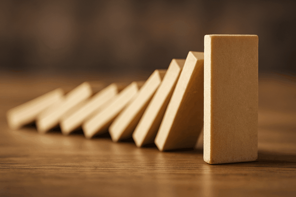 Een rij beige dominostenen staat op een houten oppervlak; de stenen vallen één voor één om, met de eerste steen scherp in beeld en de rest in zachte beweging vervagend.