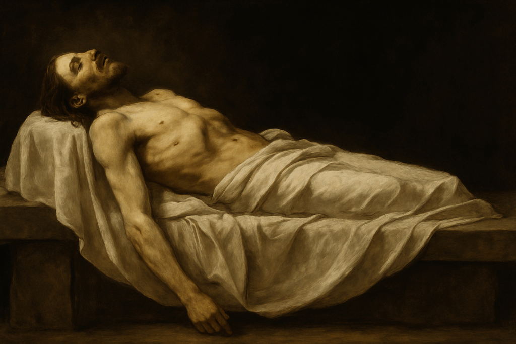 Digitale schildering van een levenloze man op een stenen rustplaats, gehuld in witte doeken, in een klassieke, renaissanceachtige stijl die het beeld van een ‘gestalte zonder leven’ oproept.