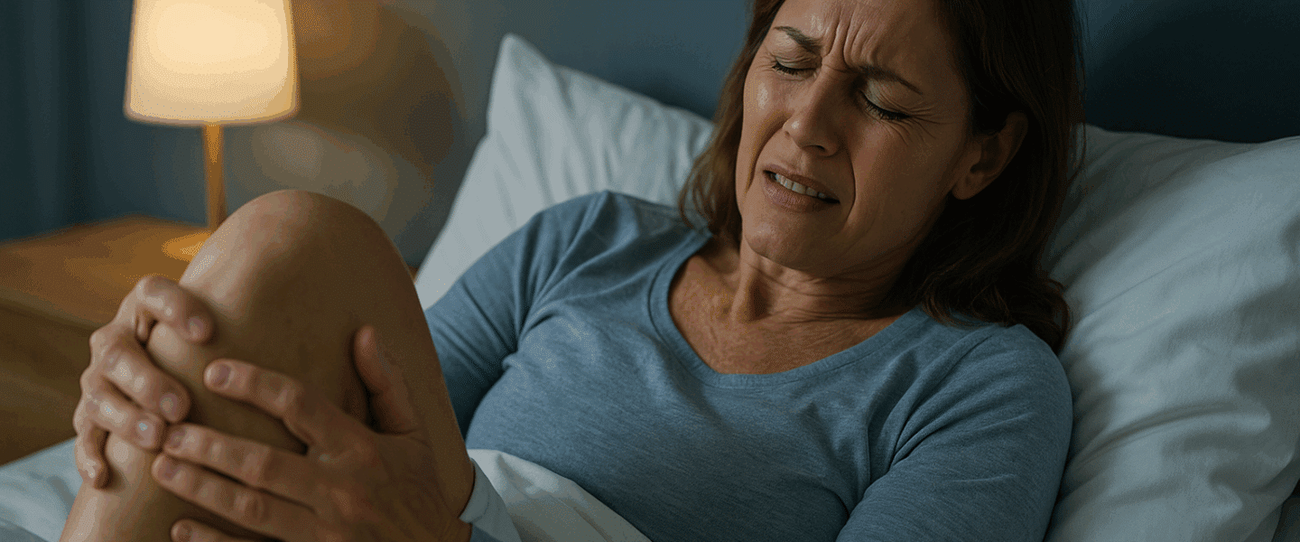 Vrouw ligt ’s nachts in bed met hevige kniepijn, handen om het gewricht gevouwen