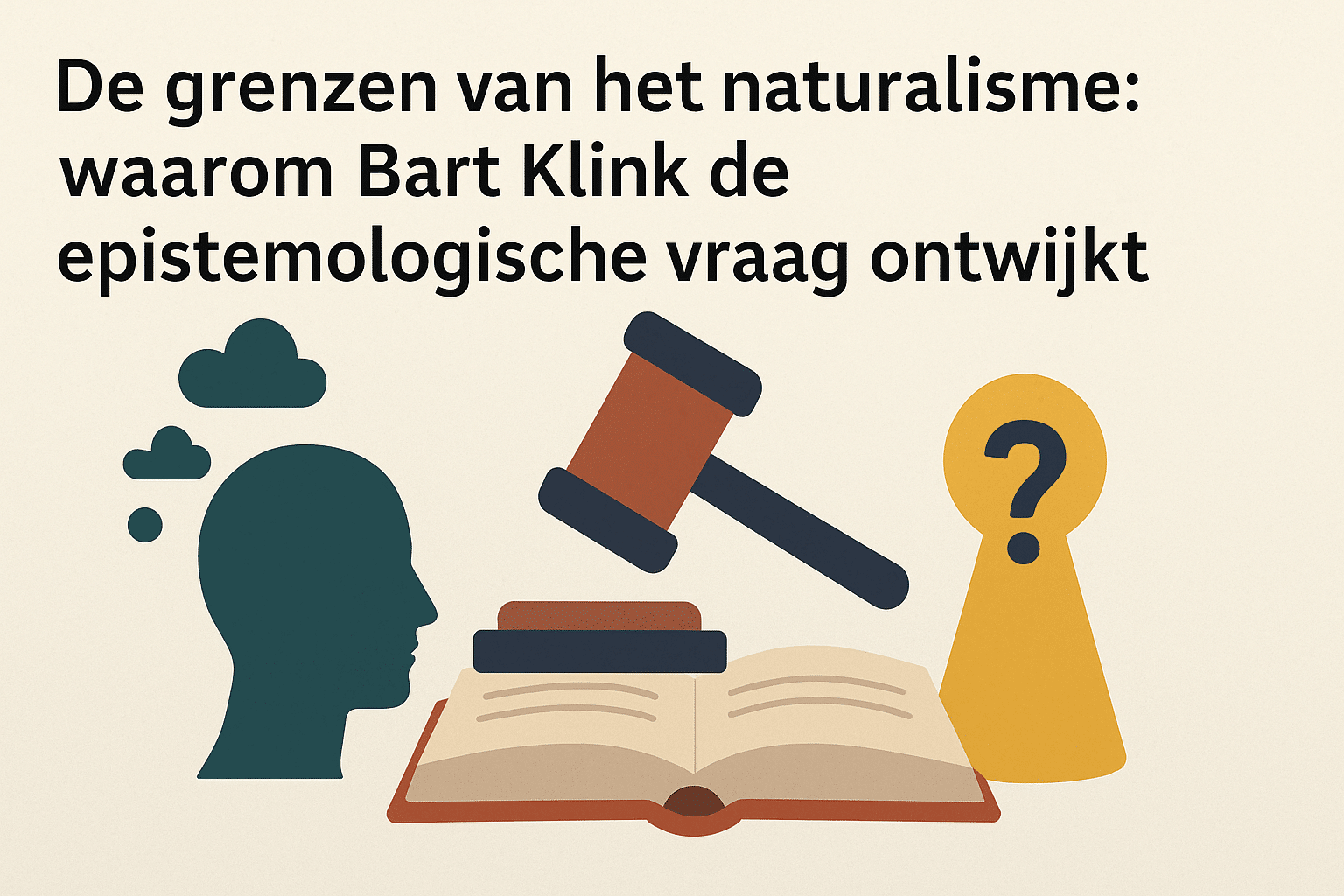minimalistische illustratie van een denker tegenover een open boek, een rechtershamer en een sleutelgat met vraagteken; symbolische weergave van het debat tussen wetenschap, oordeel en epistemologische grenzen.