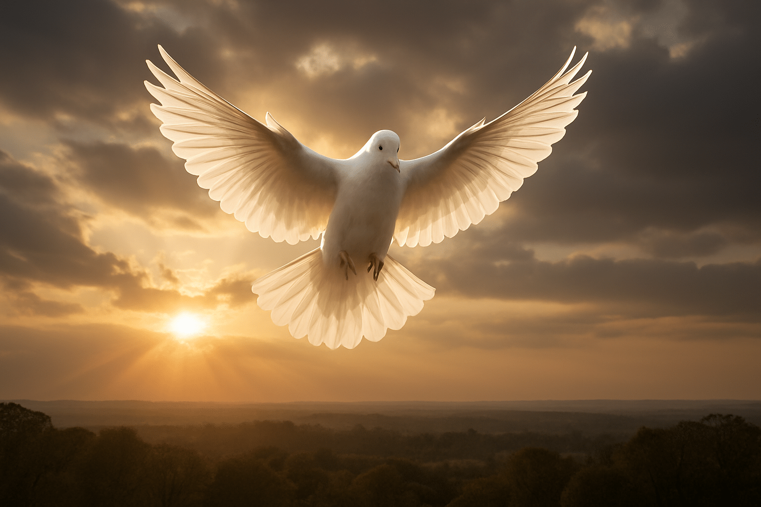 Een witte duif zweeft met wijdgespreide vleugels boven een landschap bij zonsondergang; warm licht valt door de wolken en verlicht de zachte veren van de duif.