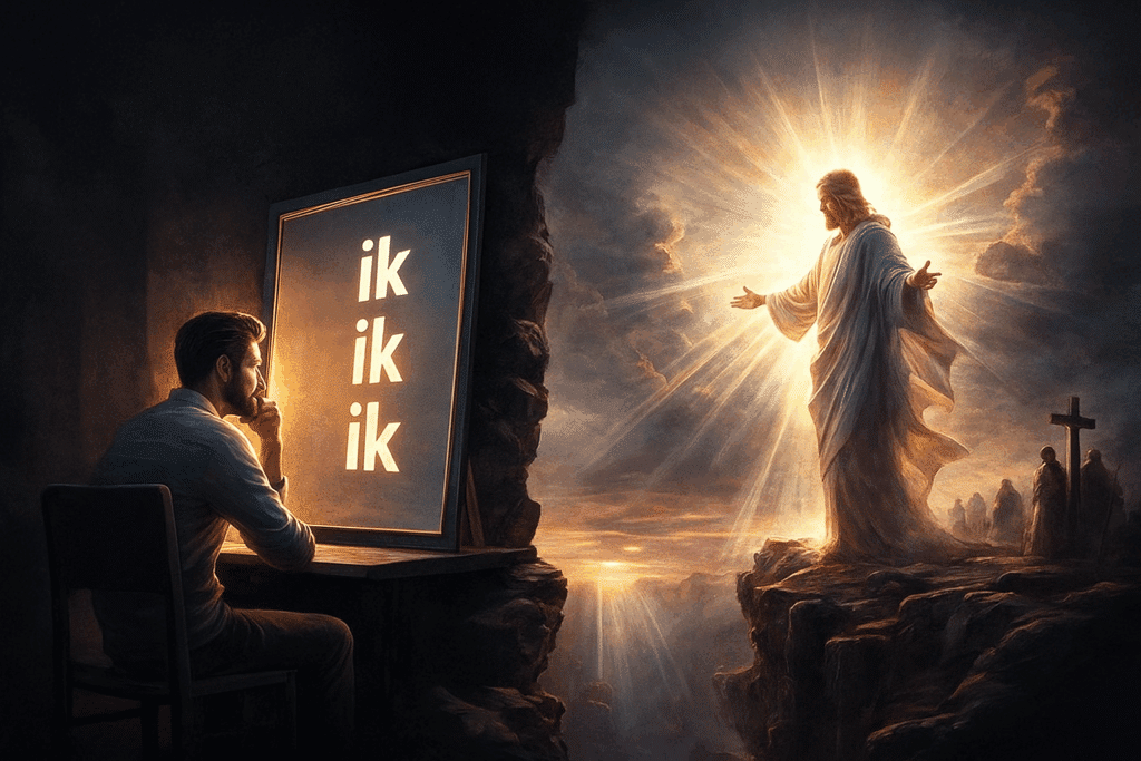 Digitale allegorische illustratie van een man die via een megafoon herhaaldelijk “ik” uitroept, terwijl tegenover hem een goddelijke gestalte verschijnt die zijn armen uitstrekt, in contrast tussen zelfgerichtheid en goddelijke roep.