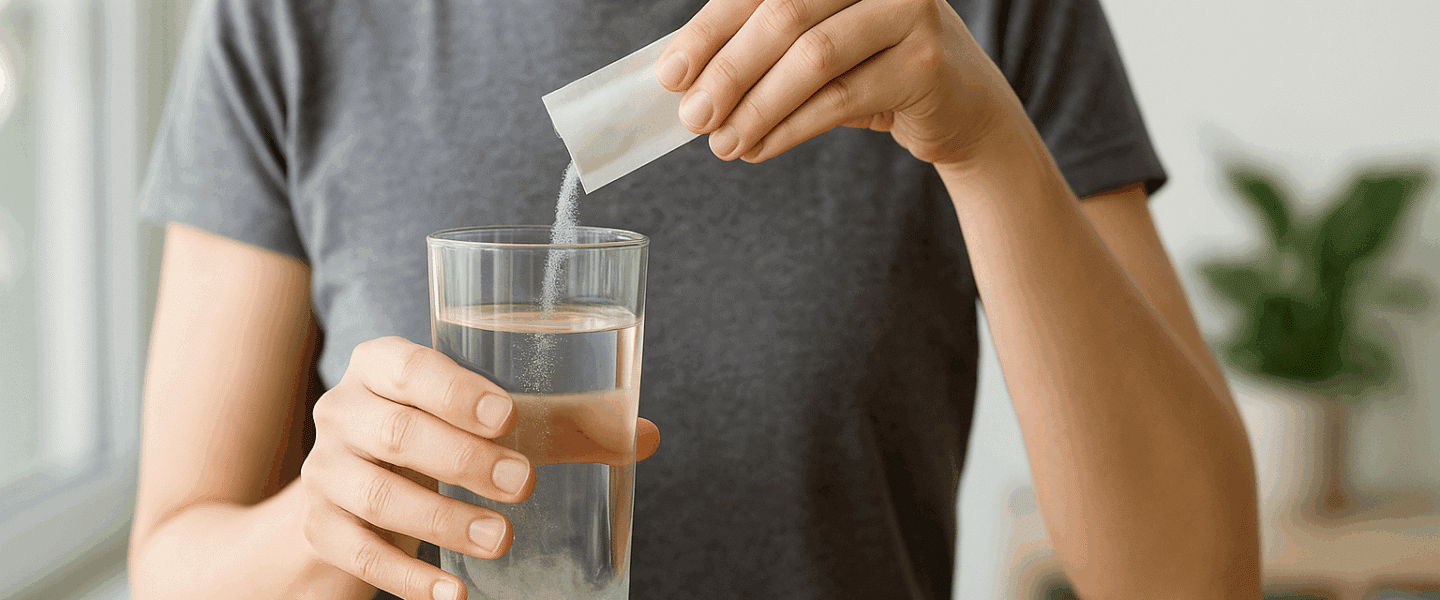 Persoon lost een zakje macrogolpoeder op in een glas water op een lichte tafel.