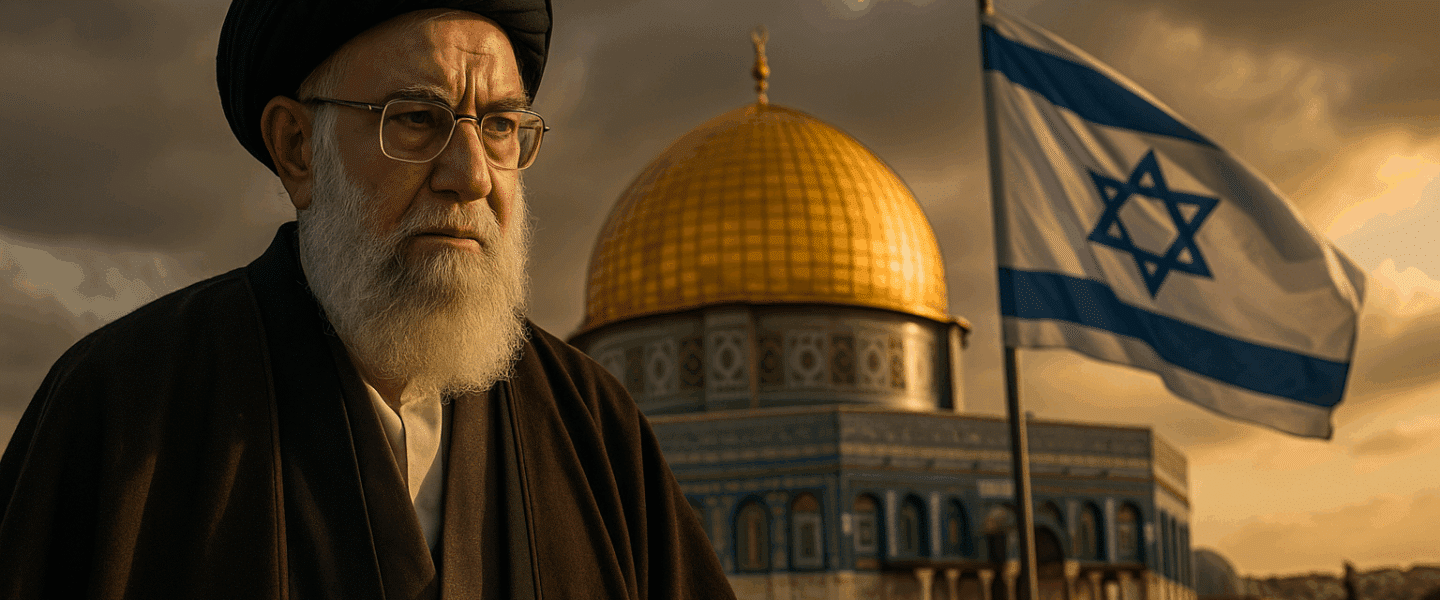 Een Iraanse geestelijke staat voor de Rotskoepel in Jeruzalem, met op de voorgrond een Israëlische vlag in een dreigende, goudkleurige avondlucht.