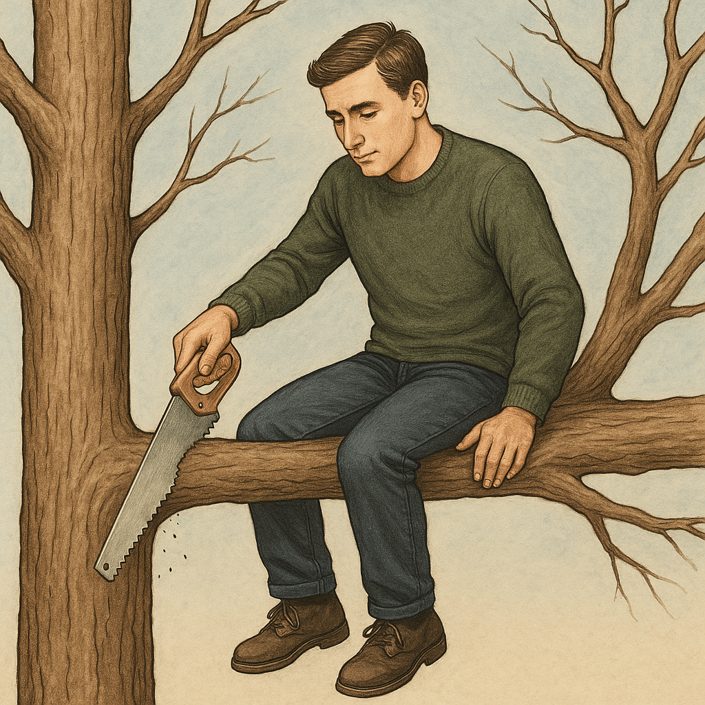 Illustratie van een man die op een dikke tak zit en juist de tak vlak bij de stam afzaagt, met geconcentreerde blik, als metafoor voor het ondermijnen van de eigen rationaliteit of overtuiging.