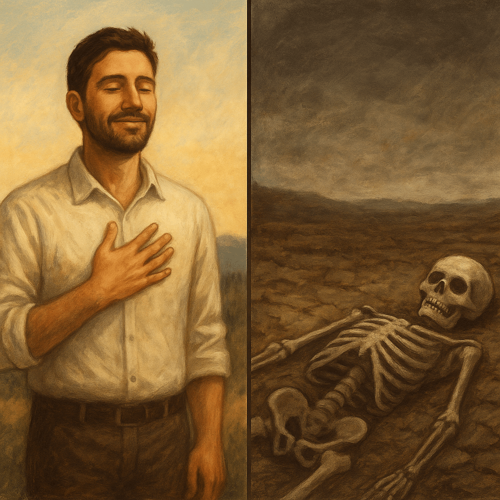 Diptych met links een serene man in warm licht als beeld van De Vos’ optimistische mensvisie, en rechts een skelet in dor landschap als bijbels beeld van de mens die “dood is door de zonden”.