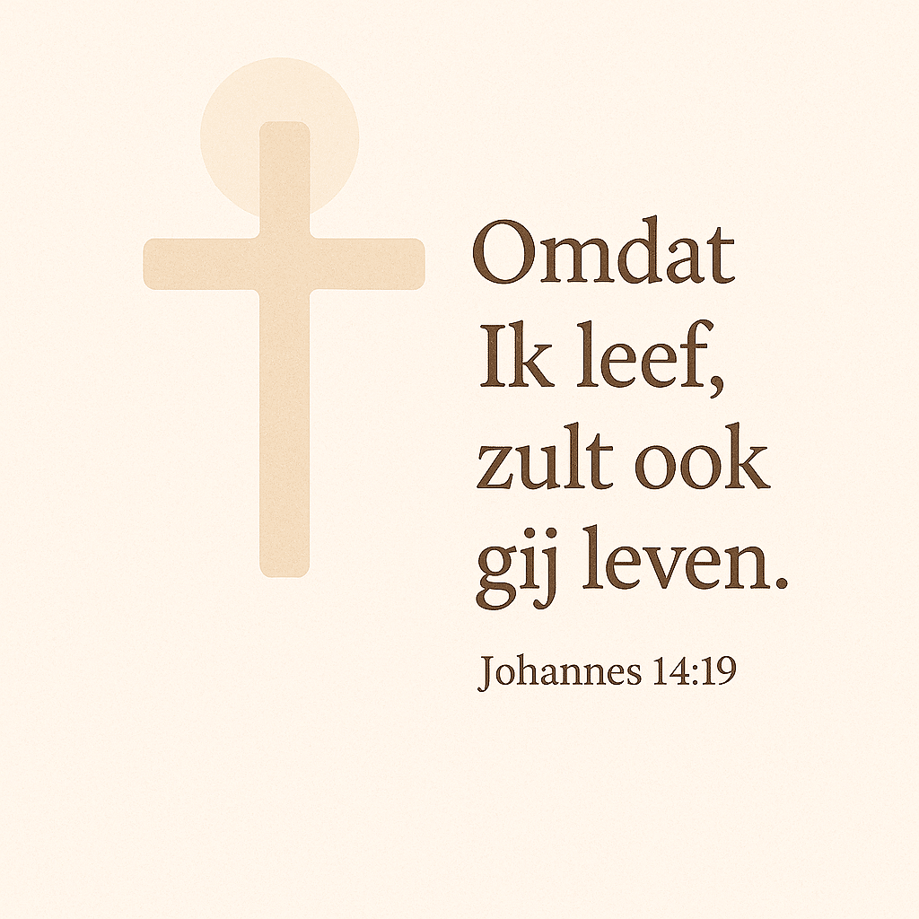 Moderne lichte illustratie met een beige kruis en een zachte lichtcirkel erachter, naast de tekst “Omdat Ik leef, zult ook gij leven.” (Johannes 14:19), op een warme, minimalistische achtergrond die hoop en nieuw leven uitstraalt.