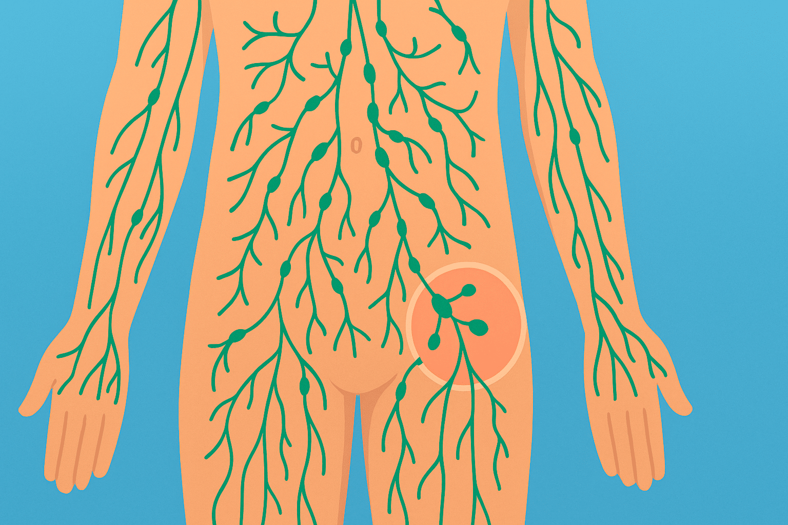 Illustratie van het lymfestelsel bij een persoon, met de liesregio uitgelicht om te tonen waar lymfeklieren kunnen opzwellen.