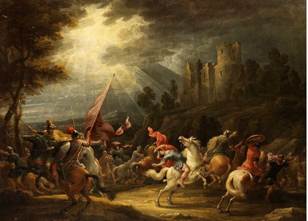 Schilderij van de bekering van Paulus op de weg naar Damascus, met fel hemels licht en ruiters die in verwarring uiteenstuiven.