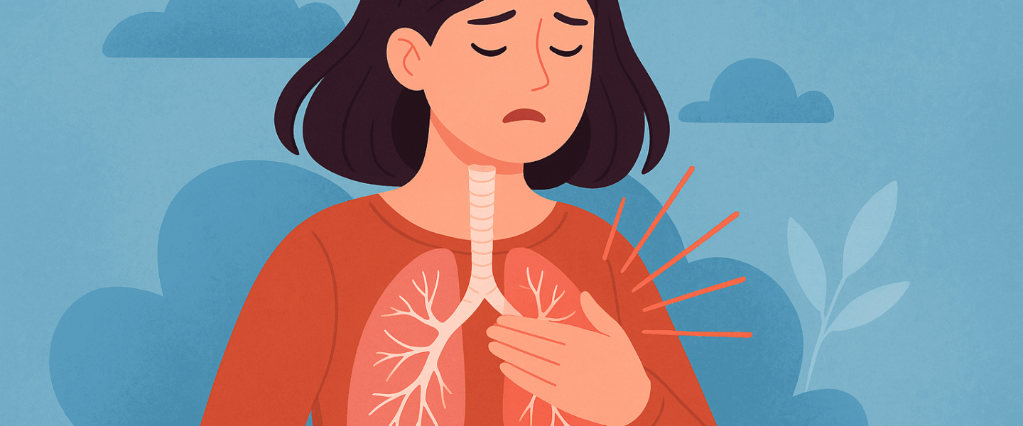 illustratie van een vrouw met pijn bij het inademen, zichtbaar in de borststreek met getoonde longen en luchtpijp