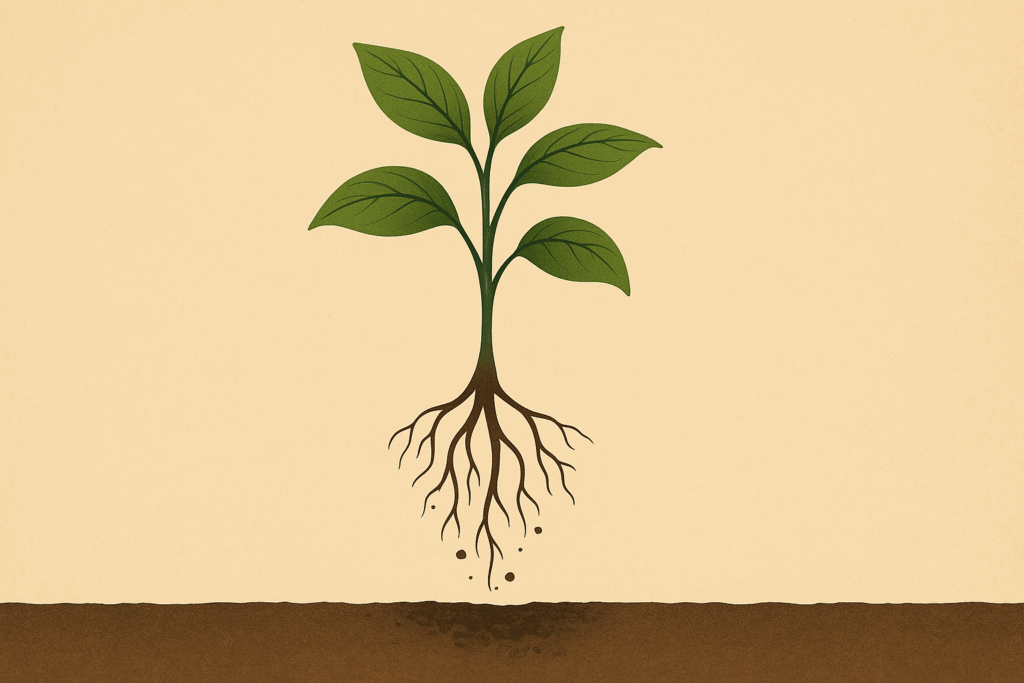 Illustratie van een jonge groene plant met zichtbare wortels die net uit de aarde is getrokken; symbool voor een leven dat zijn oorsprong heeft losgelaten.