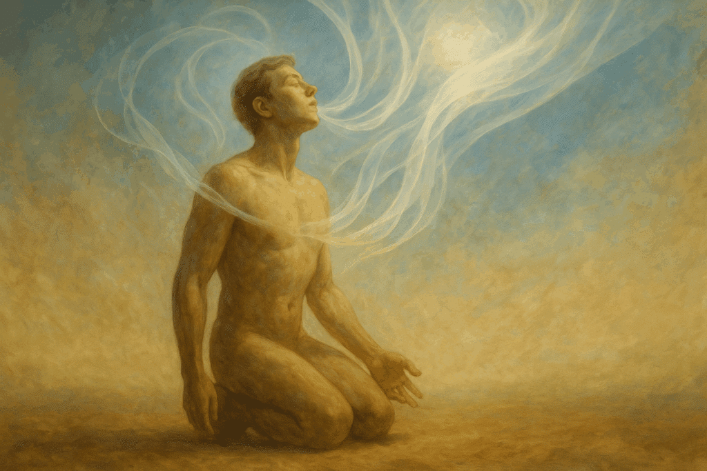 Symbolische illustratie van een mens die knielt in warm licht, met wervelende adem die uit de borst opstijgt en samenvloeit met hemels licht; beeld van de ruach, de adem van het leven uit Genesis 2:7.