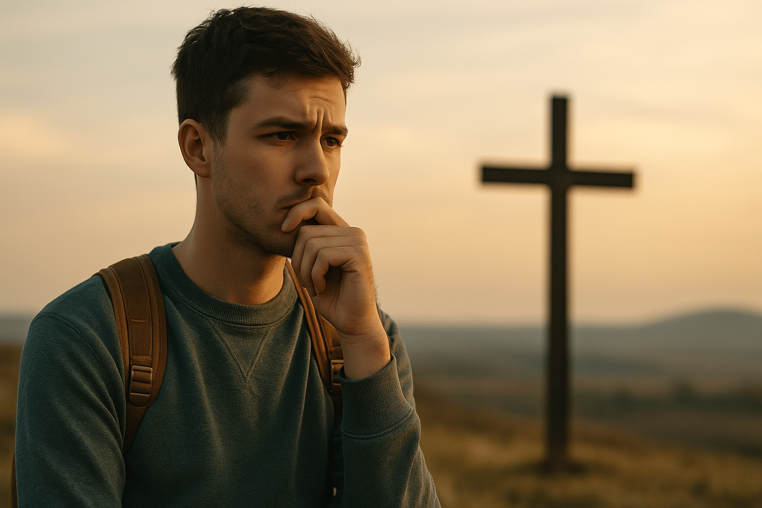 Jonge man met een nadenkende blik bij zonsondergang, op de achtergrond een houten kruis in een weids landschap.