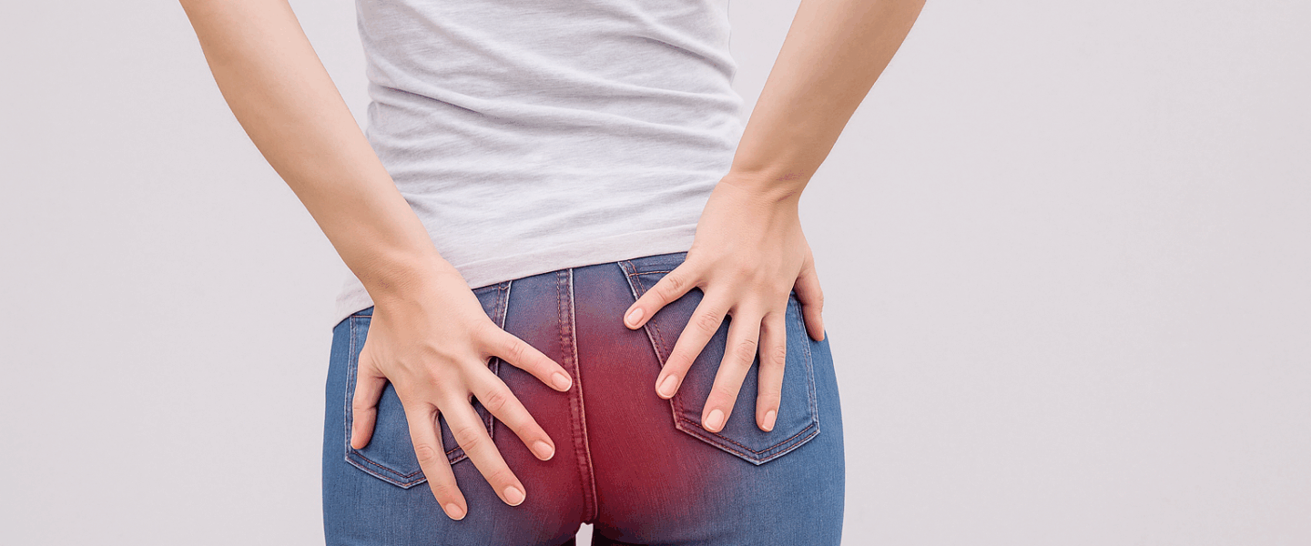 Vrouw die met beide handen haar billen vasthoudt vanwege pijn door aambeien, gezien van achteren.