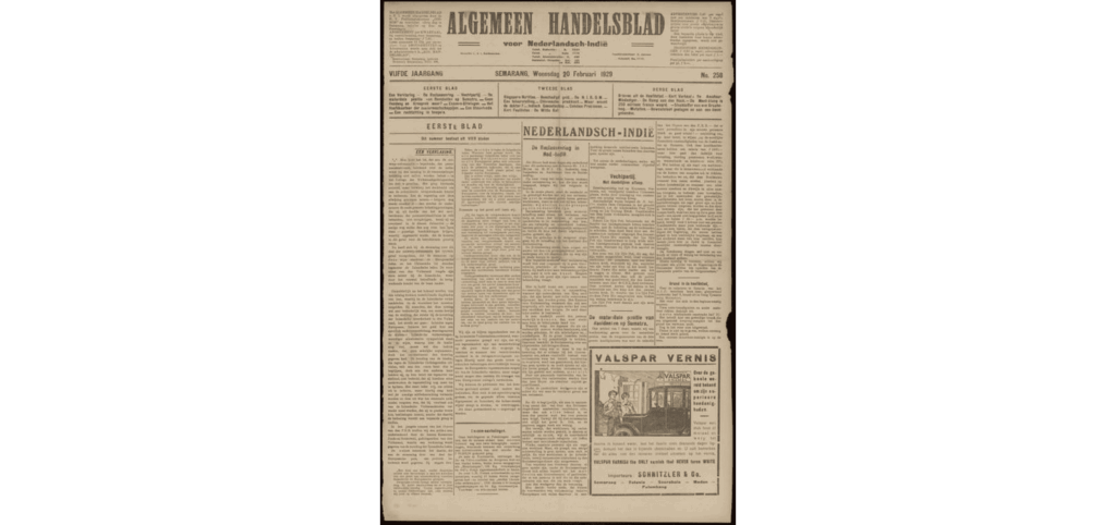 Voorpagina van het Algemeen Handelsblad voor Nederlandsch-Indië uit 1929, met kolommen tekst en de kop “Algemeen Handelsblad”, waarop een artikel over reclassering in Indië staat afgebeeld.