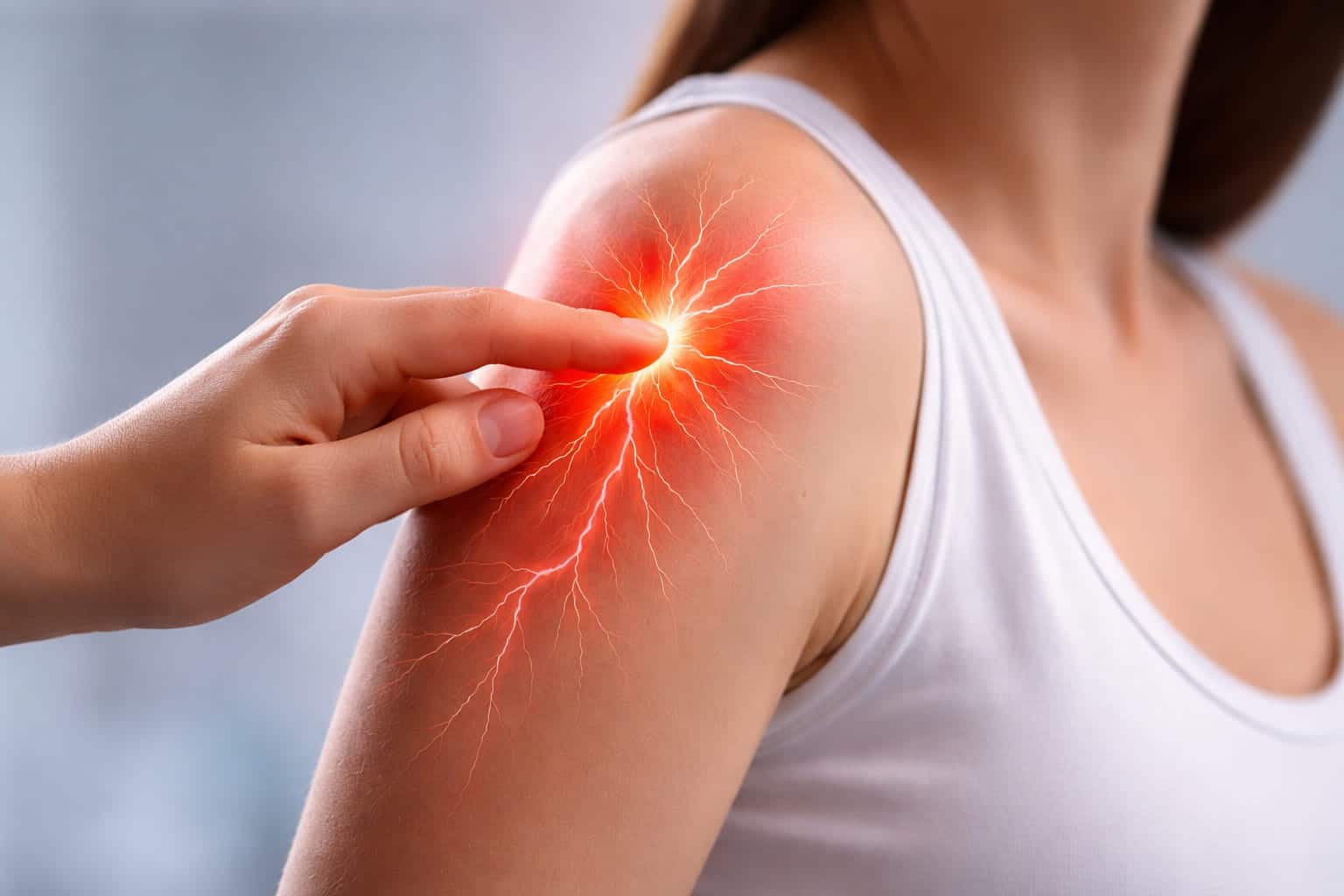 Lichte aanraking van de schouder veroorzaakt pijn door overgevoelige zenuwen bij allodynie