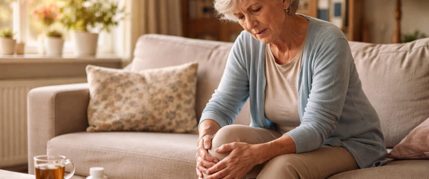 Oudere vrouw met artrose die in haar Nederlandse huiskamer op de bank zit en haar pijnlijke knie vasthoudt bij daglicht.
