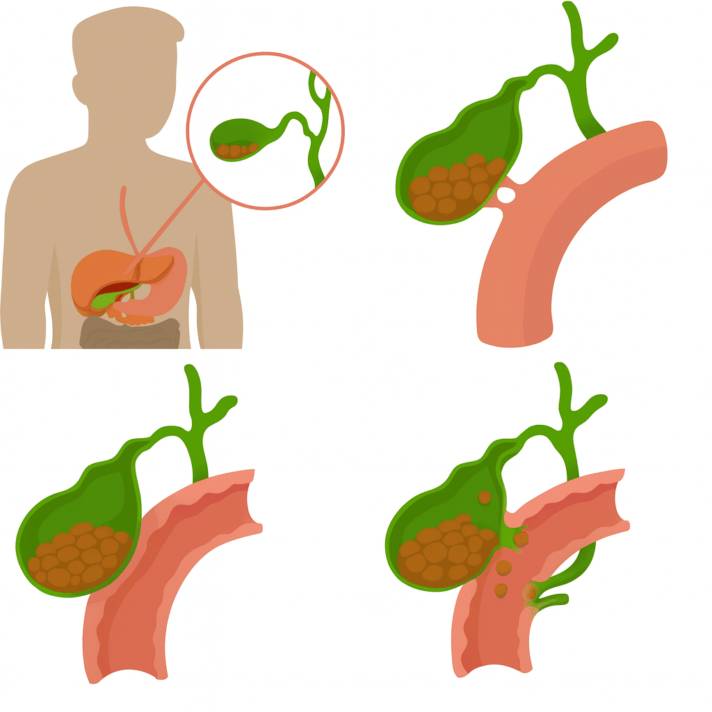 Vierdelige medische illustratie van het ontstaan van galsteenileus: ligging van de galblaas, chronische ontsteking, vorming van een cholecysto-enterale fistel en galstenen die via de fistel de darm in vallen.”