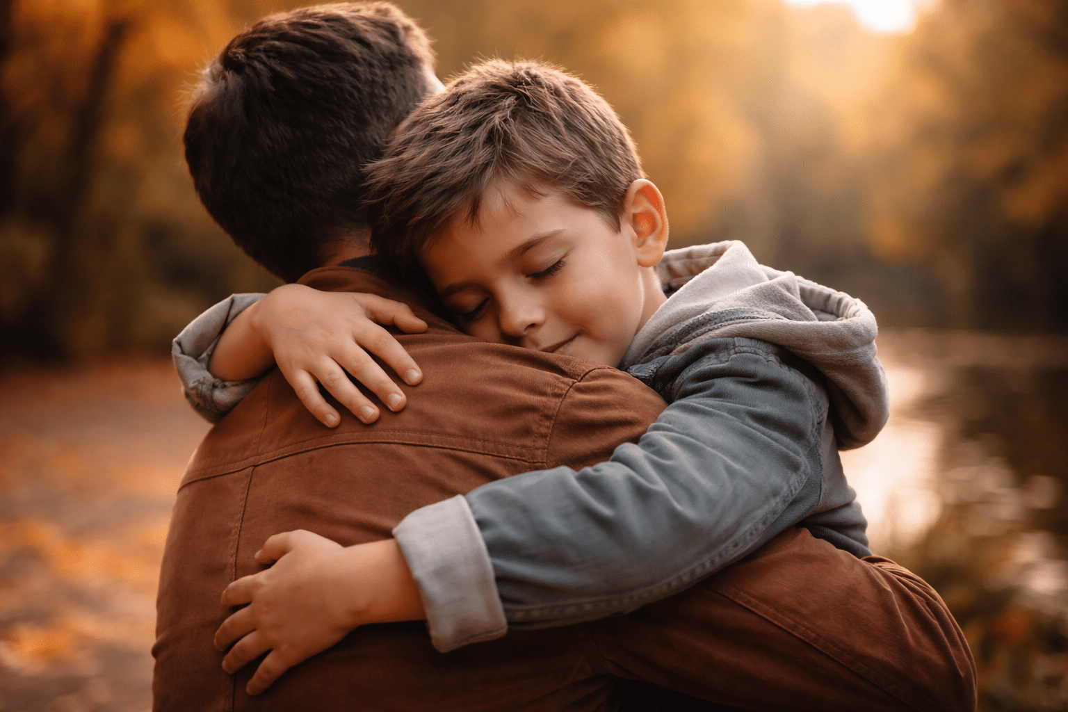 Kind dat zich ontspannen laat vasthouden door een ouderfiguur, met zichtbare rust en emotionele veiligheid.