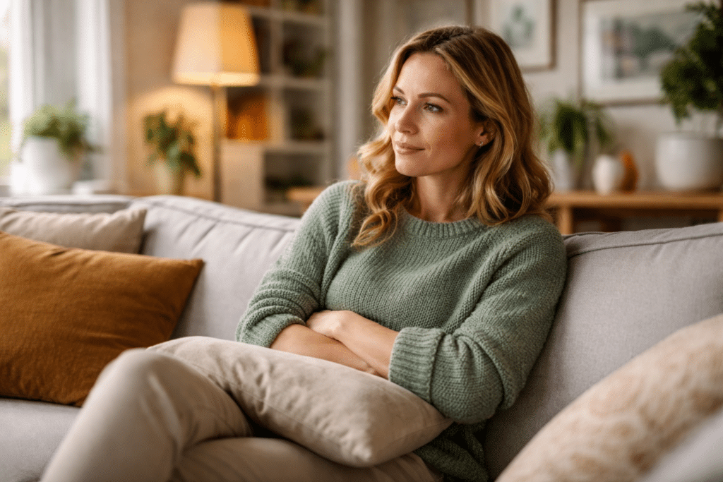 Vrouw zit ontspannen op de bank in een Nederlandse huiskamer tijdens een moment van rust na pijnklachten