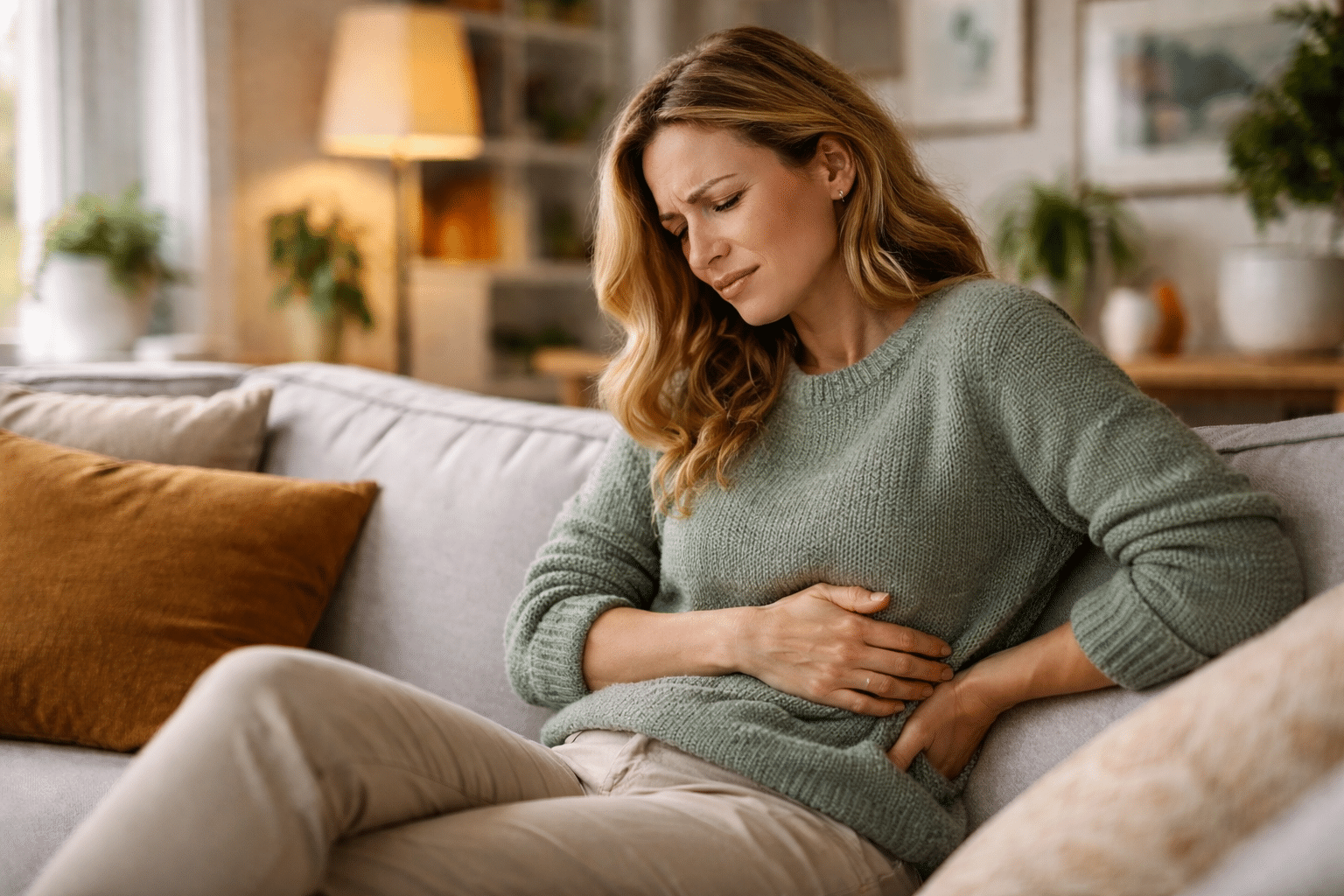 Vrouw zit op de bank in een Nederlandse huiskamer en houdt haar zij vast terwijl zij zichtbaar pijn ervaart