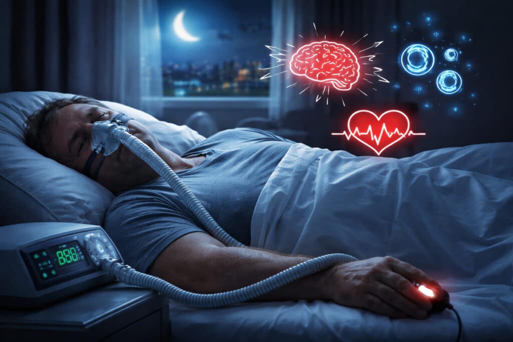 Man met slaapmasker voor niet-invasieve beademing ligt ’s nachts in bed; beeld illustreert hypercapnie die tijdens de slaap kan verergeren.
