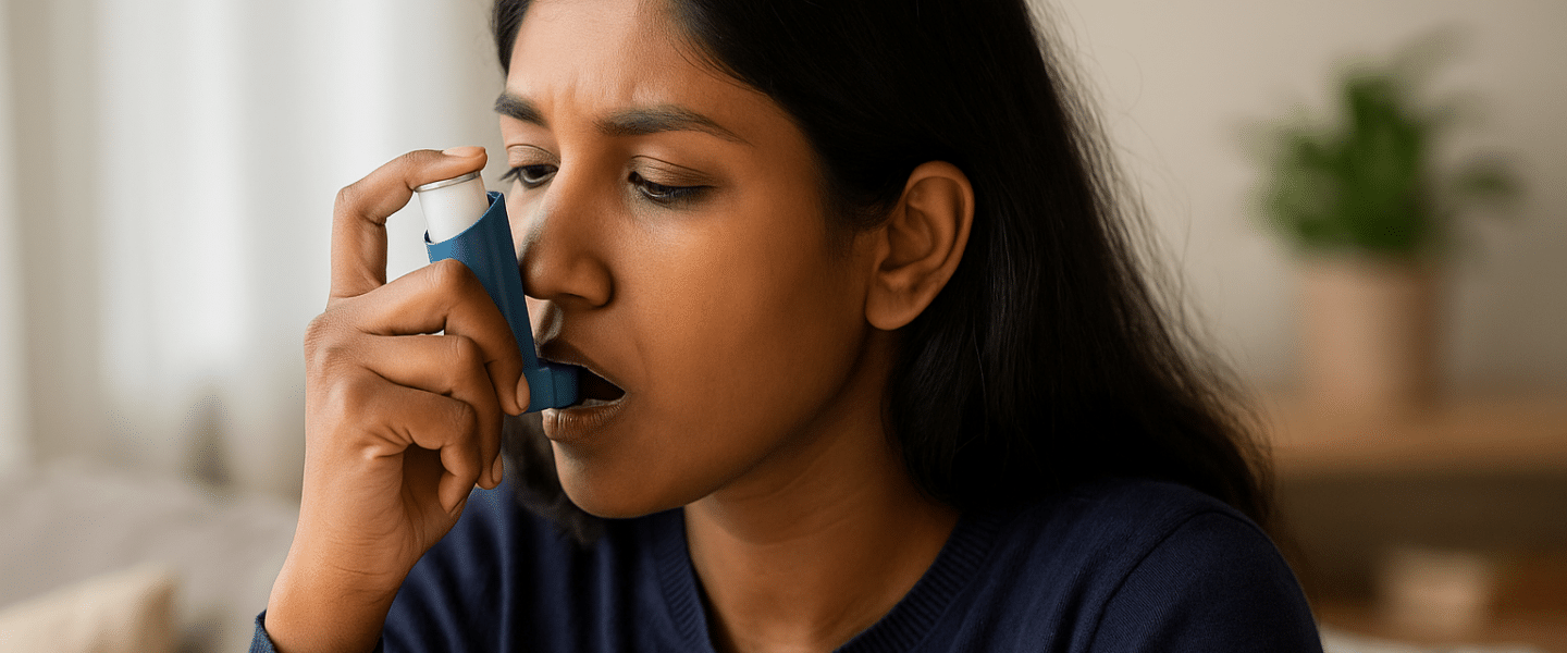 Indiase vrouw die een blauwe astma-inhalator gebruikt terwijl zij rustig in huis zit.