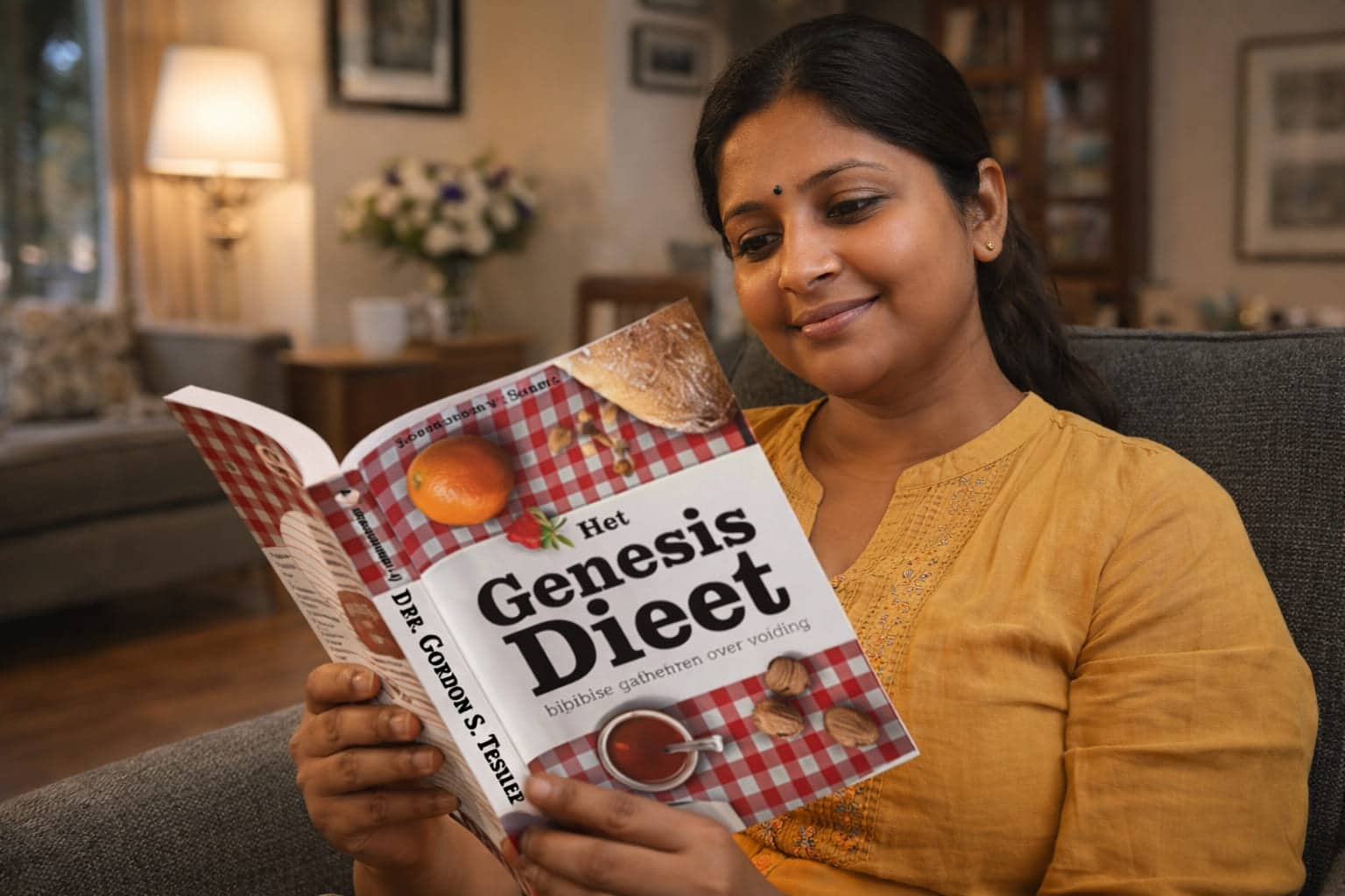 Indiase vrouw zit in een Nederlandse huiskamer en leest het boek Het Genesisdieet in een ontspannen setting op de bank.