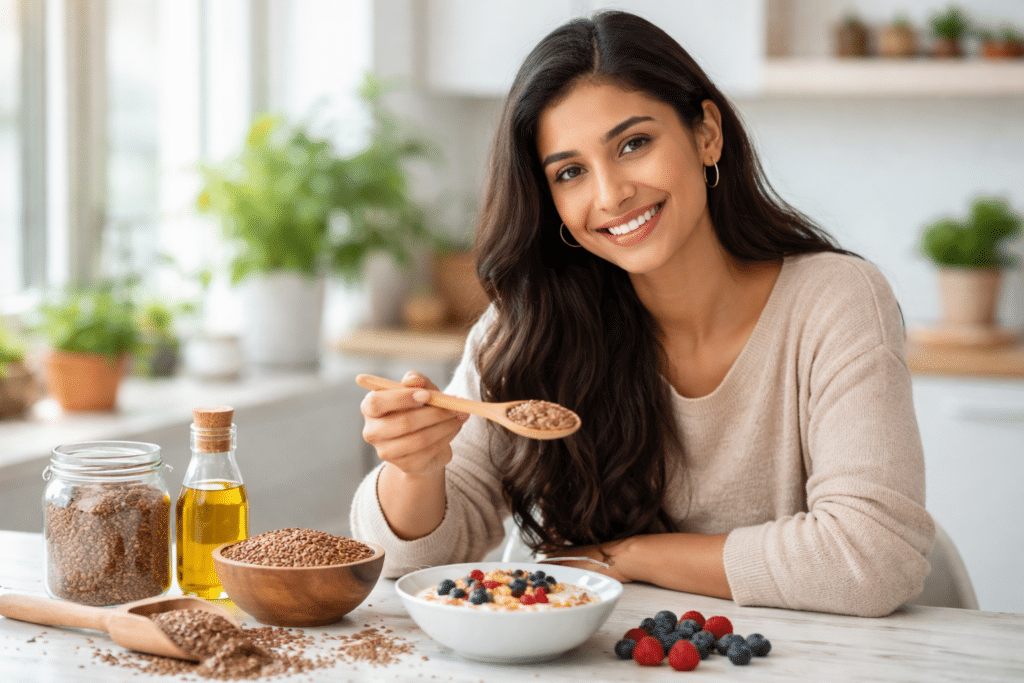 Indiase vrouw in een lichte Hollandse keuken met schaaltjes lijnzaad, lijnzaadolie en yoghurt; rustig, natuurlijk voedingsmoment zonder tekst.