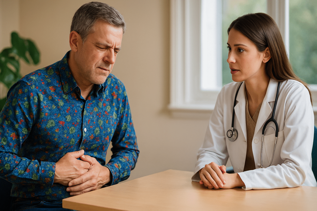 Man van middelbare leeftijd met buikklachten door een aandoening van de alvleesklier in gesprek met zijn huisarts tijdens een consult.