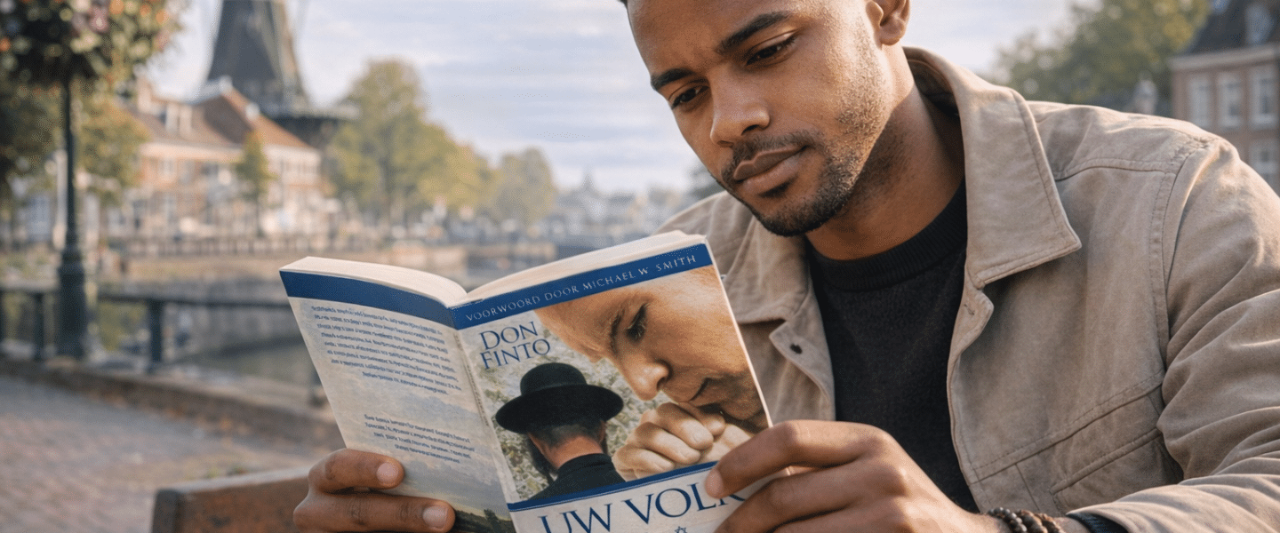 Jongeman met donkere huidskleur leest het boek ‘Uw volk is mijn volk’ van Don Finto in een Nederlandse omgeving